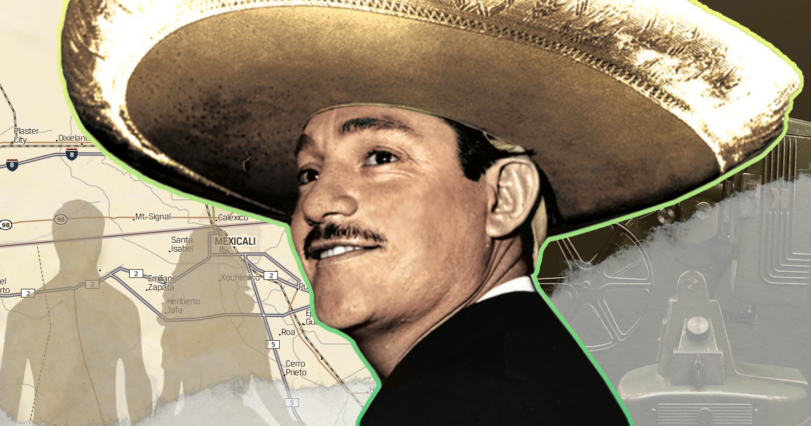 A photo collage composed of Mexican actor Javier Solis, A 1950's movie camera, the silhouette of a hetrosexual couple and the map of the border between Mexicali and Calixico 